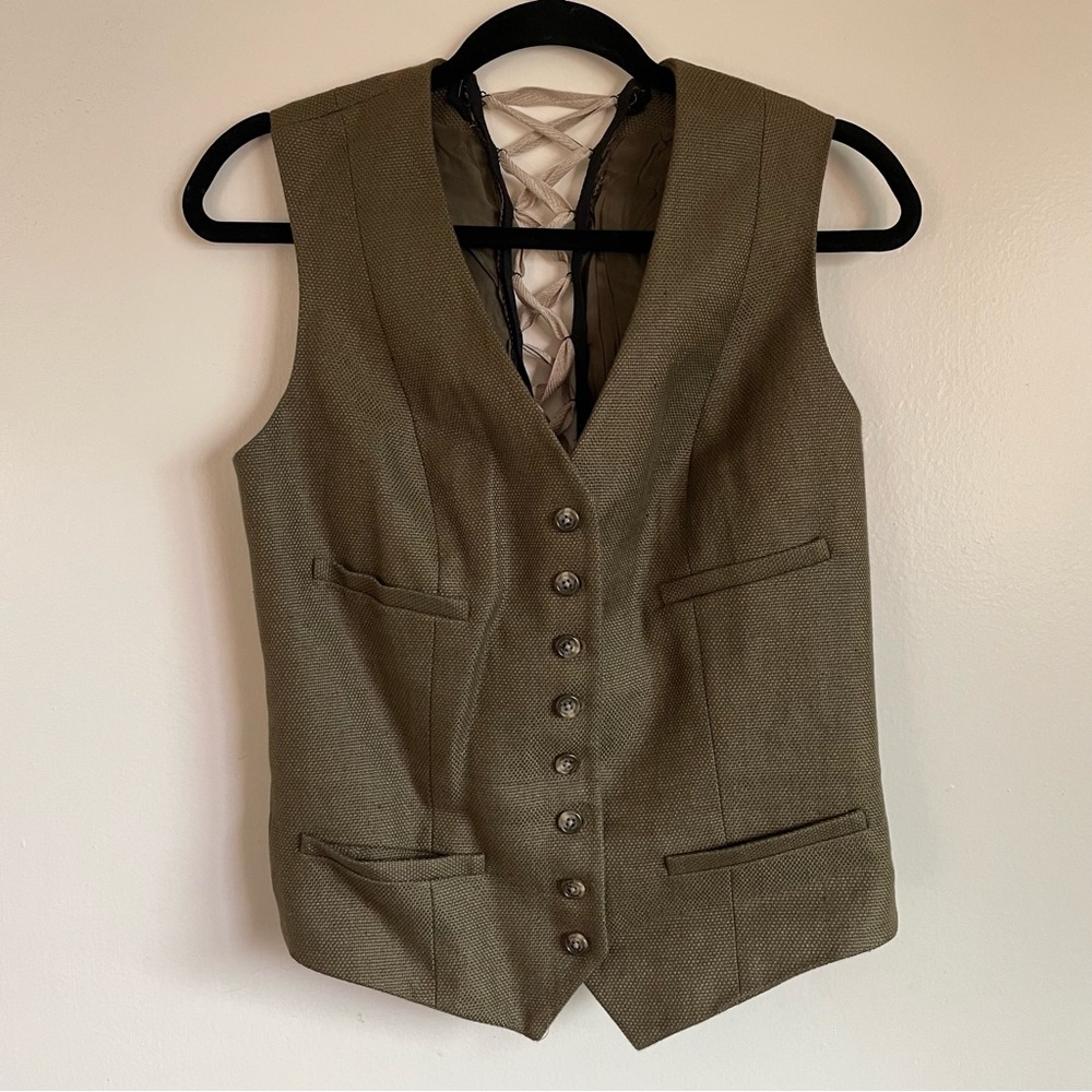 Vintage green tweed vest altered corset back medium large